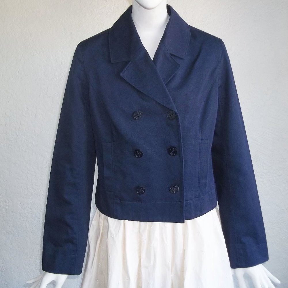 Vintage Cropped Preppy Pea Coat Jacket Nautical Sailor Anchor Button Cotton 6